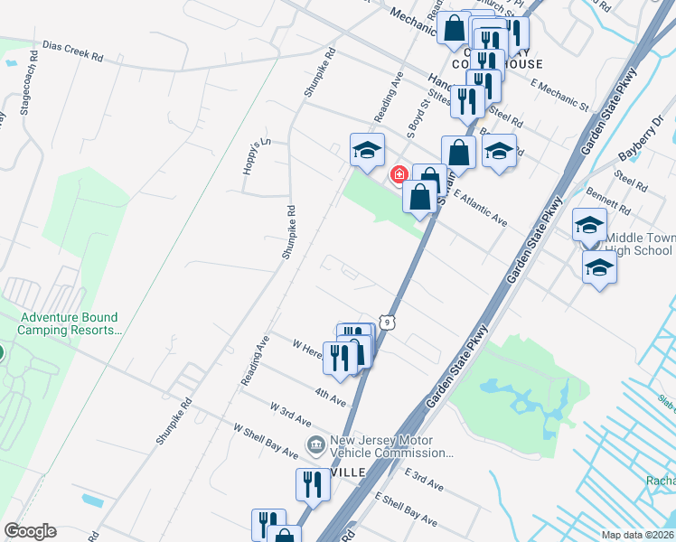 map of restaurants, bars, coffee shops, grocery stores, and more near 591 Route 9 South in Middle Township