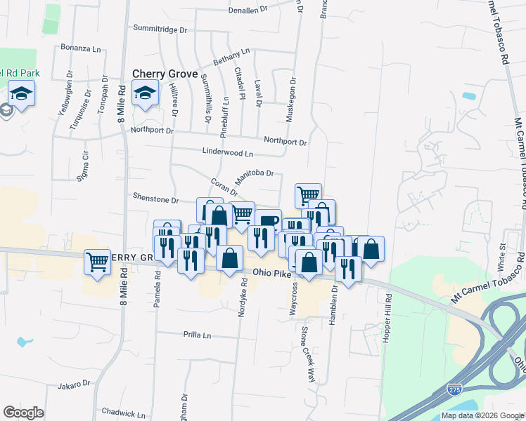 map of restaurants, bars, coffee shops, grocery stores, and more near 8650 Coran Drive in Cincinnati
