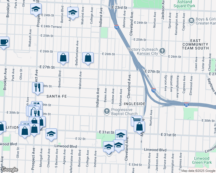 map of restaurants, bars, coffee shops, grocery stores, and more near 3507 East 28th Street South in Kansas City