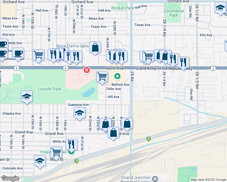 map of restaurants, bars, coffee shops, grocery stores, and more near 2404 Teller Avenue in Grand Junction