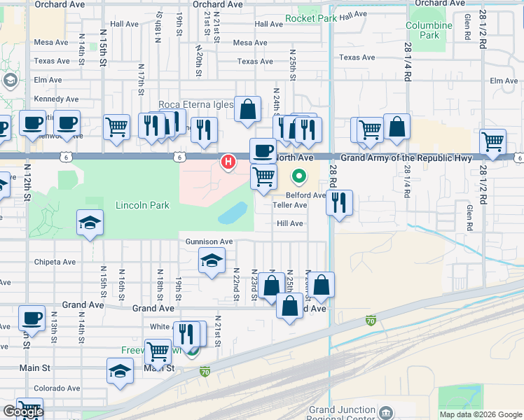 map of restaurants, bars, coffee shops, grocery stores, and more near 2345 Teller Court in Grand Junction
