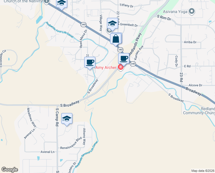 map of restaurants, bars, coffee shops, grocery stores, and more near 2227 Redlands Parkway in Grand Junction