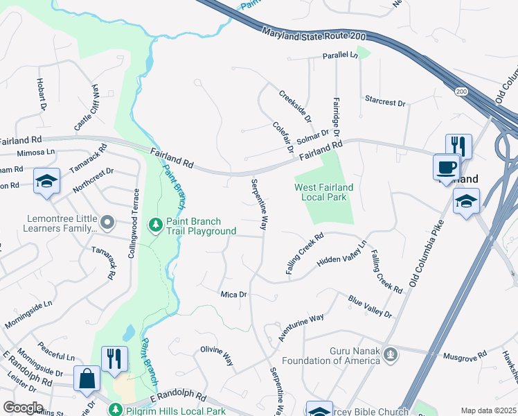 map of restaurants, bars, coffee shops, grocery stores, and more near 2017 Serpentine Terrace in Silver Spring