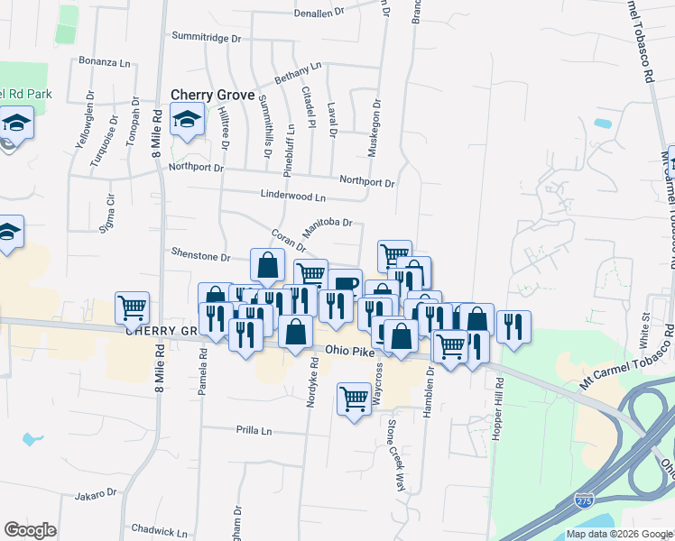 map of restaurants, bars, coffee shops, grocery stores, and more near 8650 Coran Drive in Cincinnati