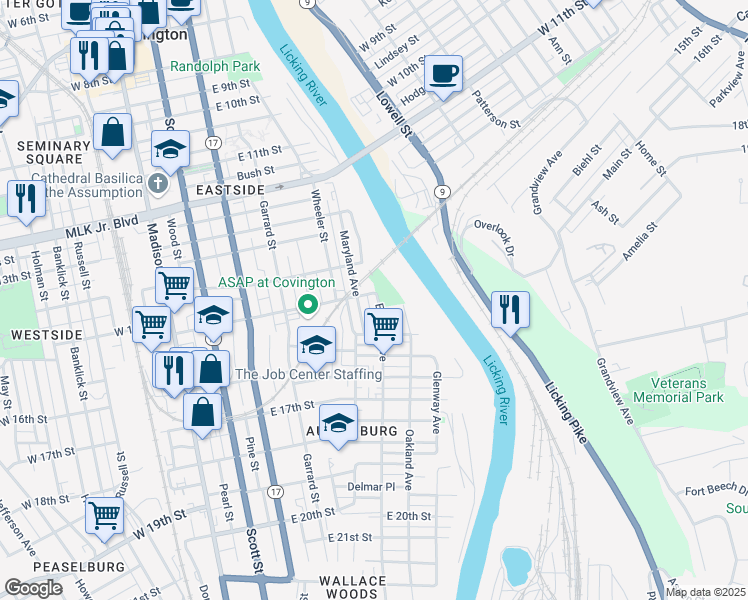 map of restaurants, bars, coffee shops, grocery stores, and more near 408 East 15th Street in Covington