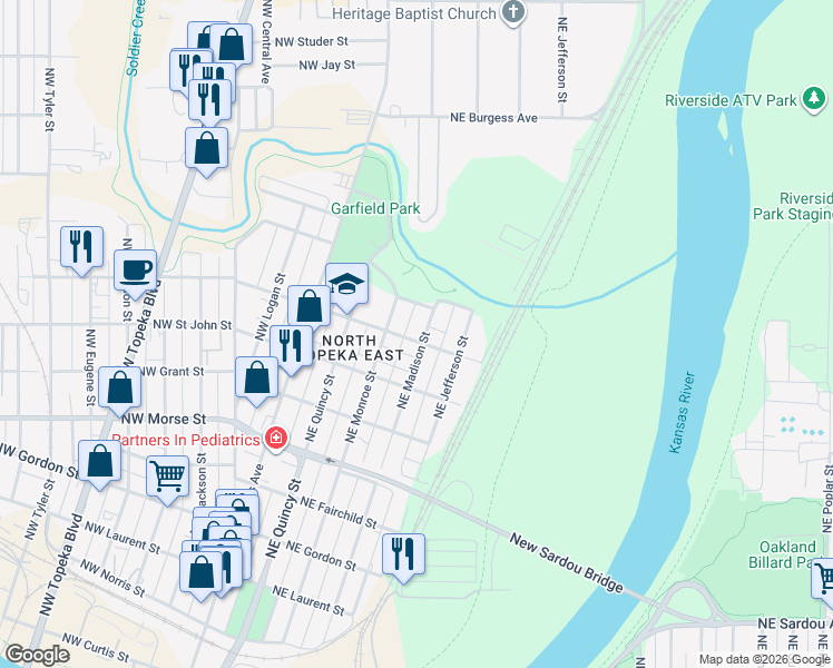 map of restaurants, bars, coffee shops, grocery stores, and more near 310 Northeast Paramore Street in Topeka