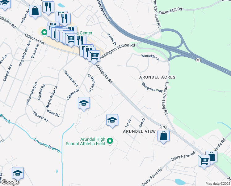 map of restaurants, bars, coffee shops, grocery stores, and more near 1011 Annapolis Road in Gambrills