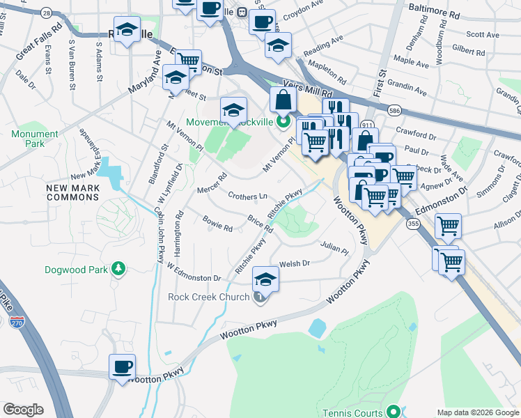 map of restaurants, bars, coffee shops, grocery stores, and more near 7 Crothers Court in Rockville