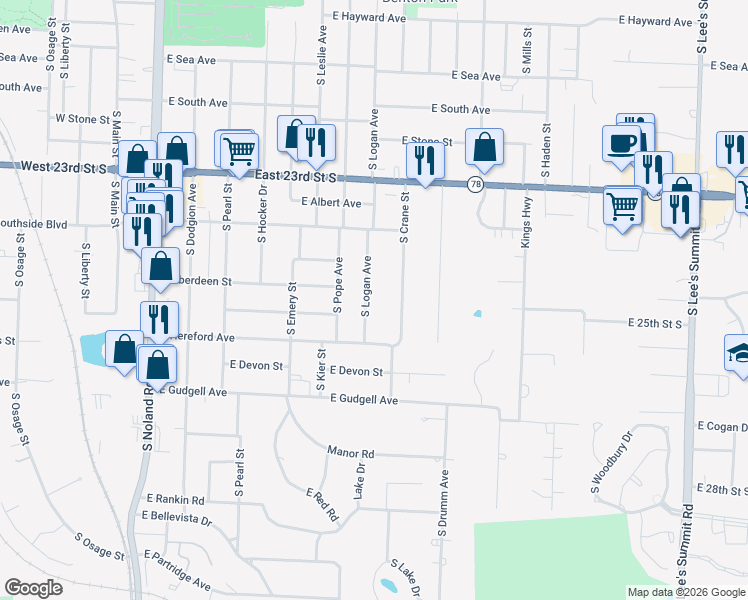map of restaurants, bars, coffee shops, grocery stores, and more near 1505 South Logan Avenue in Independence