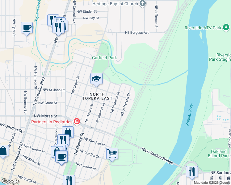 map of restaurants, bars, coffee shops, grocery stores, and more near 310 Northeast Paramore Street in Topeka