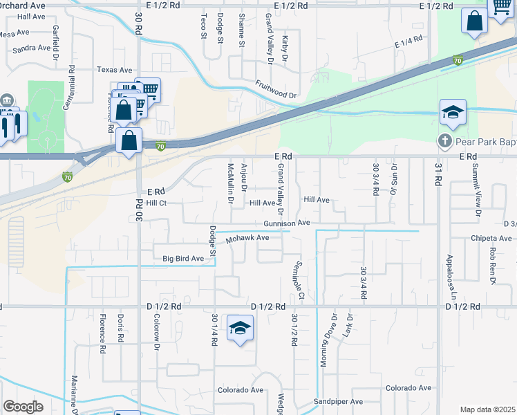 map of restaurants, bars, coffee shops, grocery stores, and more near 3041 Hill Avenue in Grand Junction