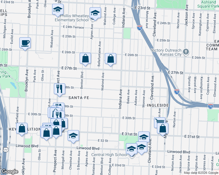 map of restaurants, bars, coffee shops, grocery stores, and more near 3222 East 28th Street in Kansas City