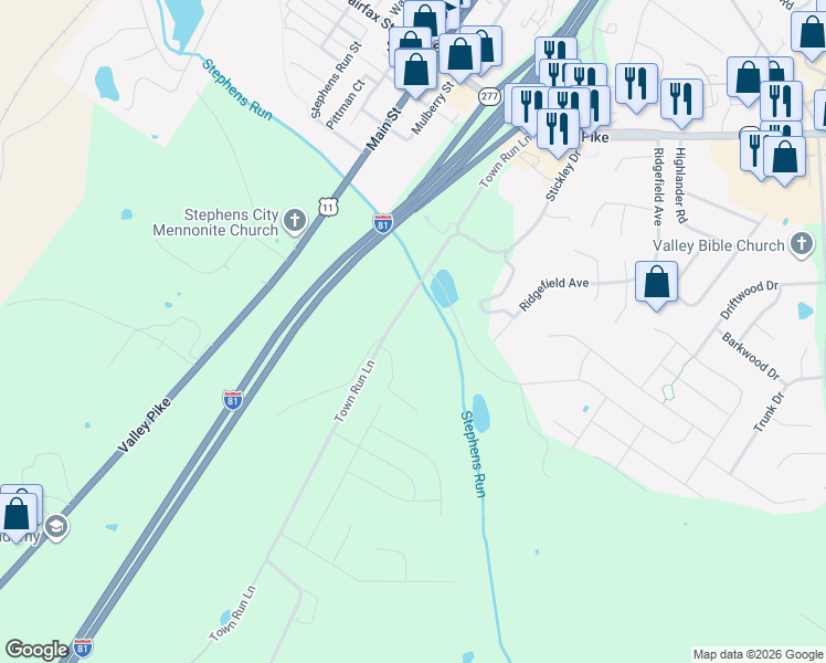 map of restaurants, bars, coffee shops, grocery stores, and more near 349 Town Run Lane in Stephens City