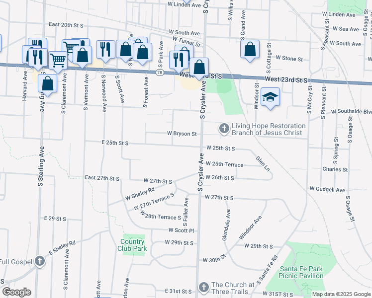 map of restaurants, bars, coffee shops, grocery stores, and more near 1313 West 25th Street South in Independence