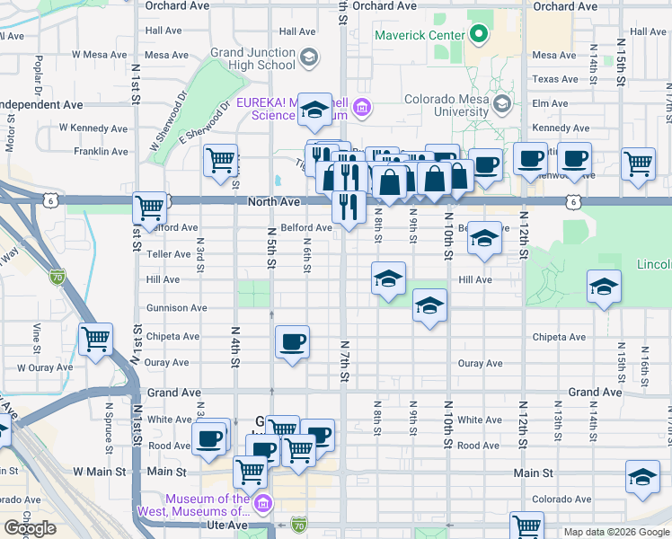 map of restaurants, bars, coffee shops, grocery stores, and more near 825 North 7th Street in Grand Junction
