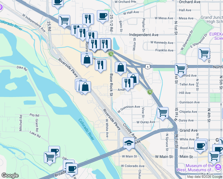 map of restaurants, bars, coffee shops, grocery stores, and more near 413 Base Rock Street in Grand Junction