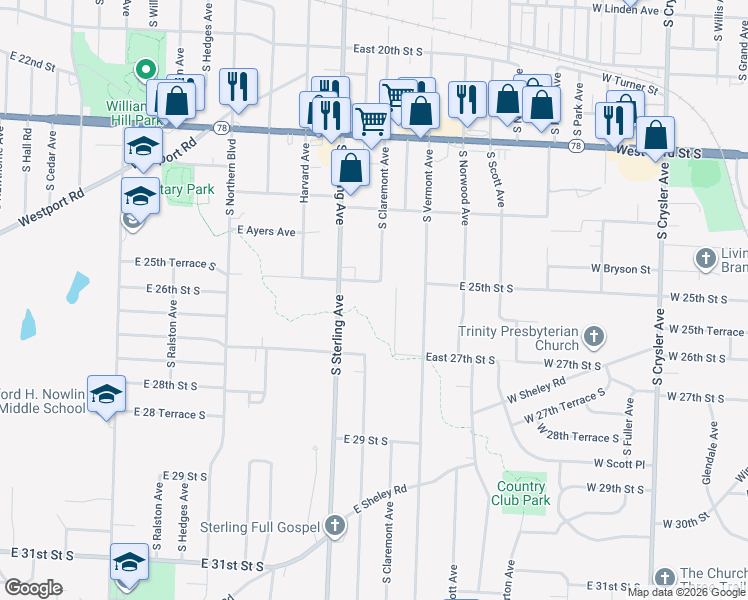 map of restaurants, bars, coffee shops, grocery stores, and more near 11233 East 25th Street South in Independence