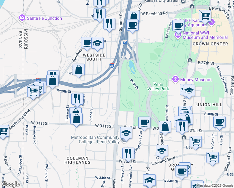 map of restaurants, bars, coffee shops, grocery stores, and more near 2900 Summit Street in Kansas City