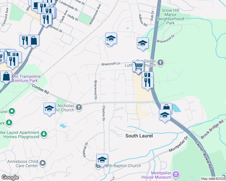 map of restaurants, bars, coffee shops, grocery stores, and more near 8804 Enfield Court in Laurel