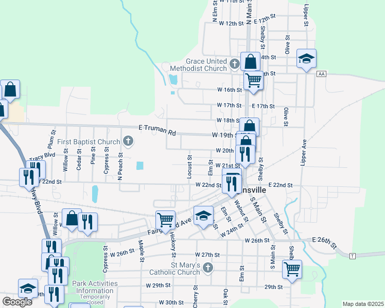 map of restaurants, bars, coffee shops, grocery stores, and more near 219 West 20th Street in Higginsville