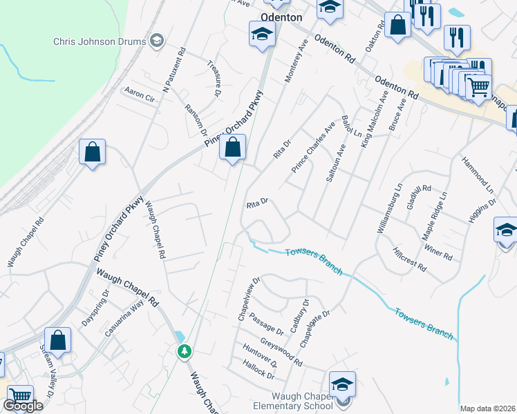 map of restaurants, bars, coffee shops, grocery stores, and more near 585 Rita Drive in Odenton