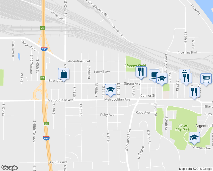 map of restaurants, bars, coffee shops, grocery stores, and more near 3613 Strong Avenue in Kansas City