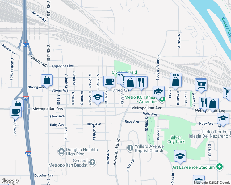 map of restaurants, bars, coffee shops, grocery stores, and more near 3317 Strong Ave in Kansas City