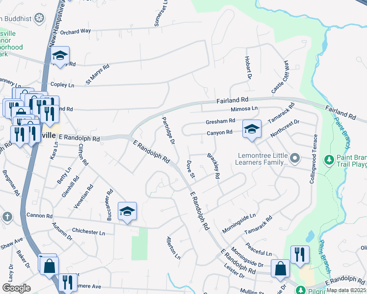 map of restaurants, bars, coffee shops, grocery stores, and more near 13406 Dove Street in Silver Spring