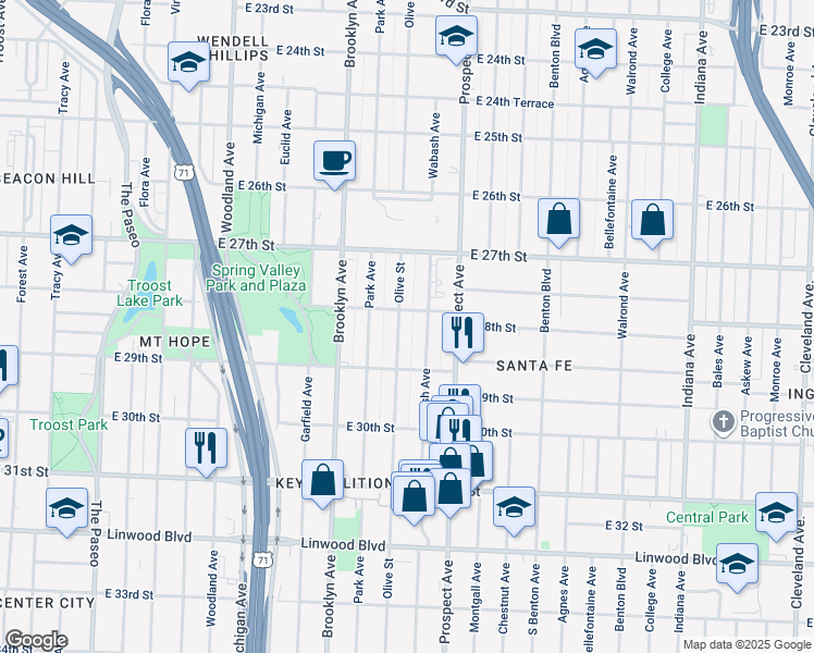 map of restaurants, bars, coffee shops, grocery stores, and more near 2806 Wabash Avenue in Kansas City