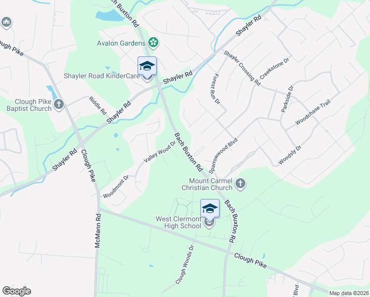 map of restaurants, bars, coffee shops, grocery stores, and more near 4159 Bach Buxton Road in Batavia