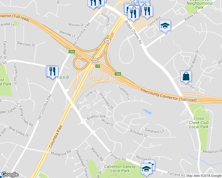 map of restaurants, bars, coffee shops, grocery stores, and more near 2930 Strauss Terrace in Silver Spring