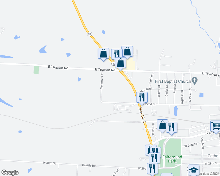 map of restaurants, bars, coffee shops, grocery stores, and more near 1201 West 19th Street in Higginsville