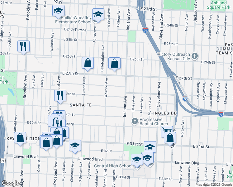 map of restaurants, bars, coffee shops, grocery stores, and more near 3222 East 28th Street in Kansas City