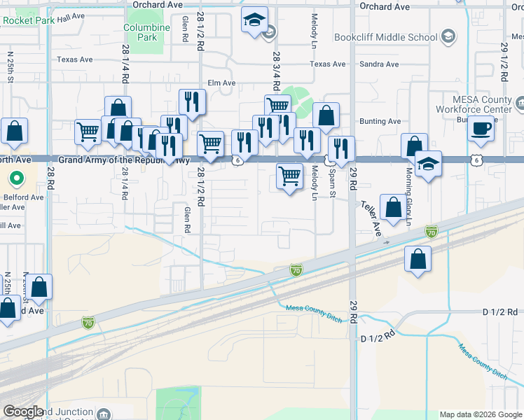 map of restaurants, bars, coffee shops, grocery stores, and more near 482 Harris Road in Grand Junction
