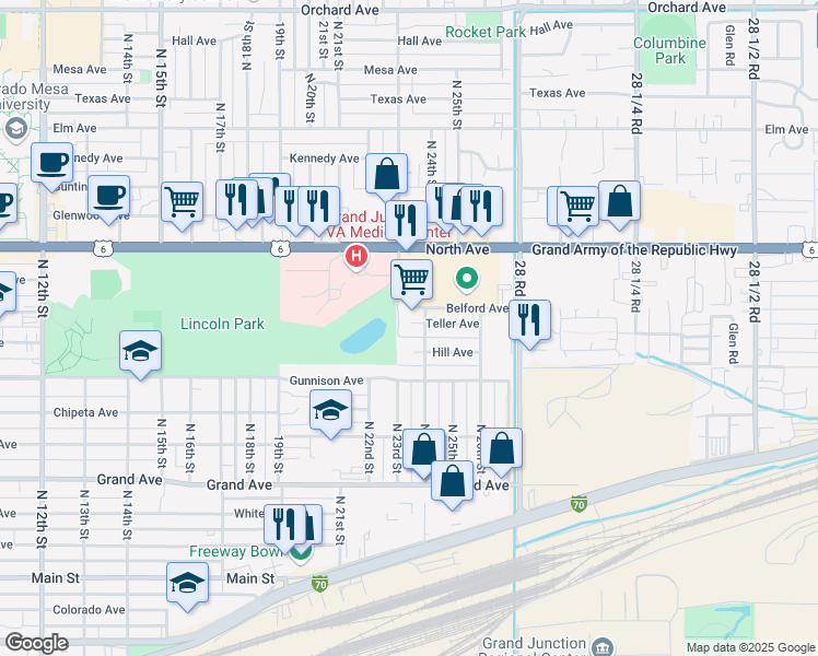 map of restaurants, bars, coffee shops, grocery stores, and more near 2345 Teller Court in Grand Junction