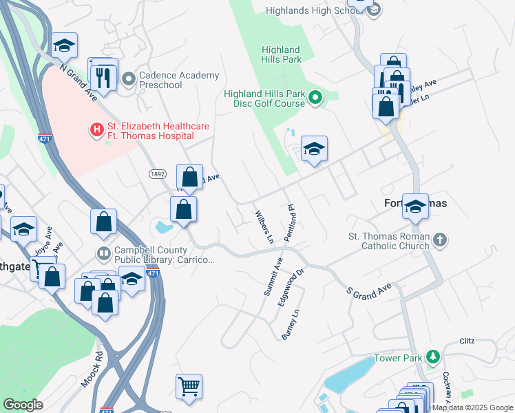 map of restaurants, bars, coffee shops, grocery stores, and more near 500 Highland Avenue in Fort Thomas