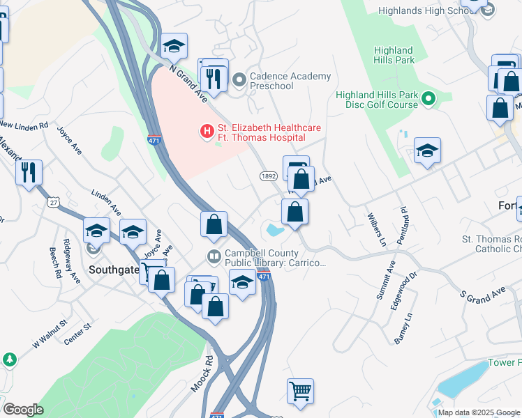 map of restaurants, bars, coffee shops, grocery stores, and more near 730 Highland Avenue in Fort Thomas