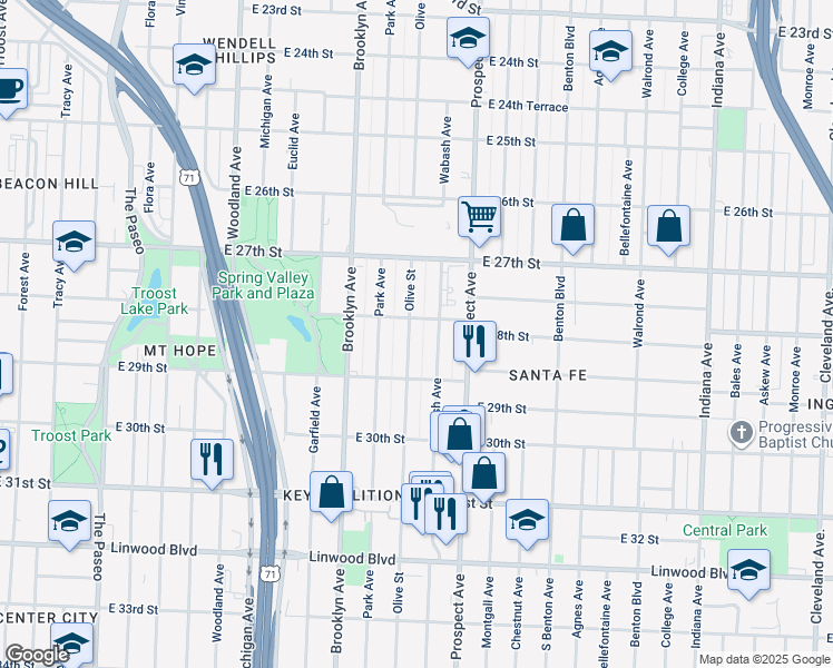 map of restaurants, bars, coffee shops, grocery stores, and more near 2806 Wabash Avenue in Kansas City