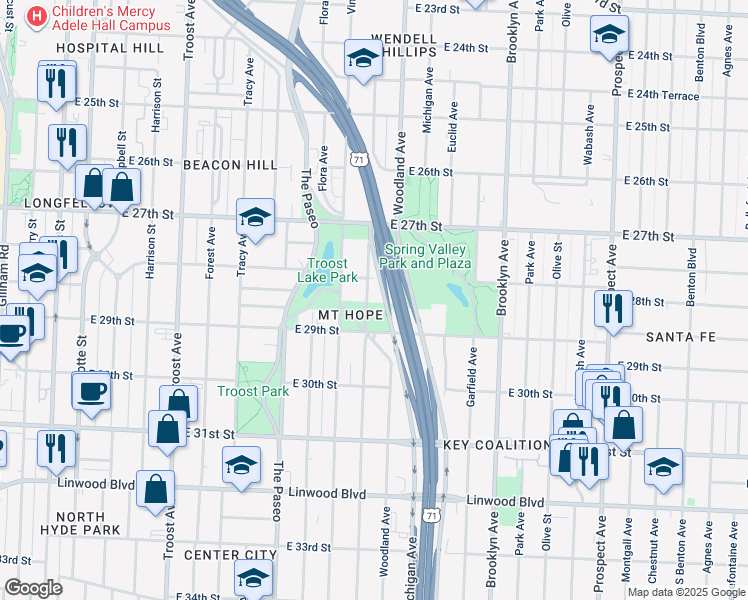 map of restaurants, bars, coffee shops, grocery stores, and more near 2817 Highland Avenue in Kansas City