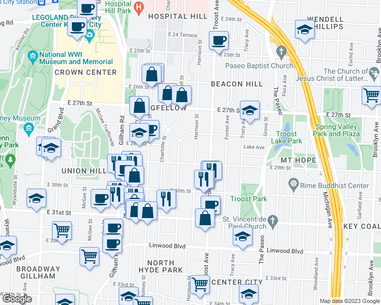 map of restaurants, bars, coffee shops, grocery stores, and more near 2827 Campbell Street in Kansas City