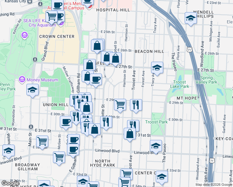 map of restaurants, bars, coffee shops, grocery stores, and more near 2827 Campbell Street in Kansas City