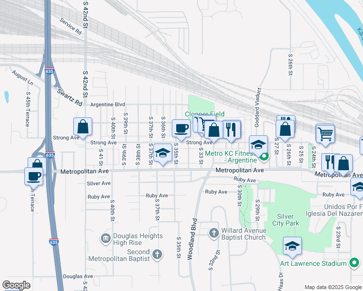 map of restaurants, bars, coffee shops, grocery stores, and more near 3317 Strong Avenue in Kansas City