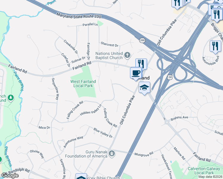 map of restaurants, bars, coffee shops, grocery stores, and more near 2422 Hidden Valley Lane in Silver Spring