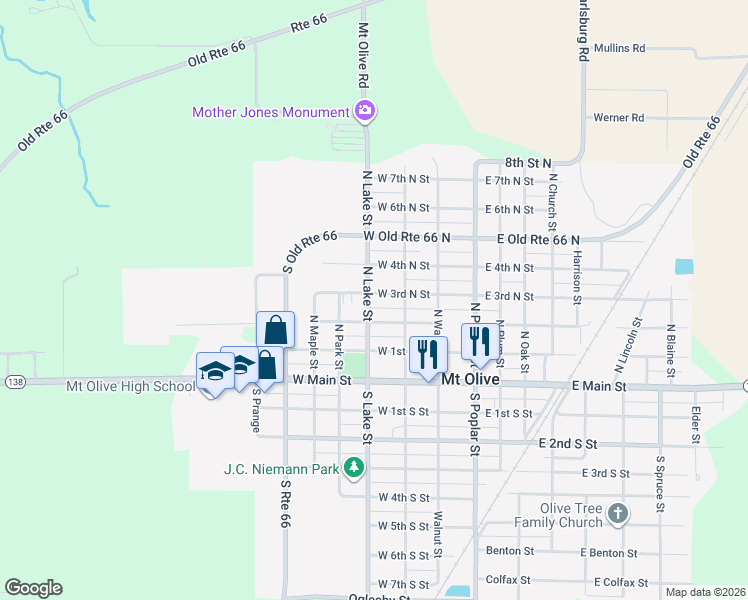 map of restaurants, bars, coffee shops, grocery stores, and more near 312 West 3rd North Street in Mount Olive