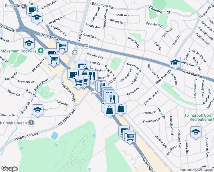 map of restaurants, bars, coffee shops, grocery stores, and more near 1103 Edmonston Drive in Rockville