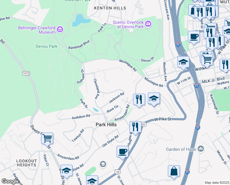 map of restaurants, bars, coffee shops, grocery stores, and more near 1053 Jackson Road in Park Hills