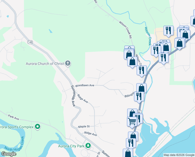 map of restaurants, bars, coffee shops, grocery stores, and more near 111 Dinah Drive in Aurora