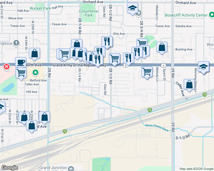 map of restaurants, bars, coffee shops, grocery stores, and more near 484 Glen Road in Grand Junction