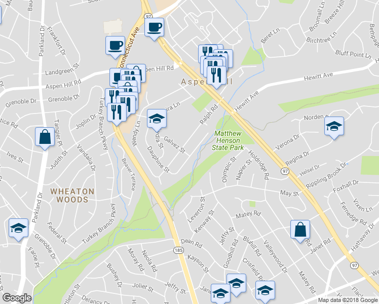 map of restaurants, bars, coffee shops, grocery stores, and more near 13201 Galvez Street in Silver Spring