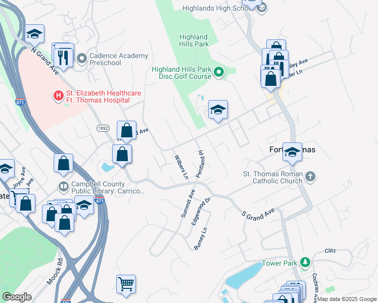 map of restaurants, bars, coffee shops, grocery stores, and more near 420 Highland Ave in Fort Thomas